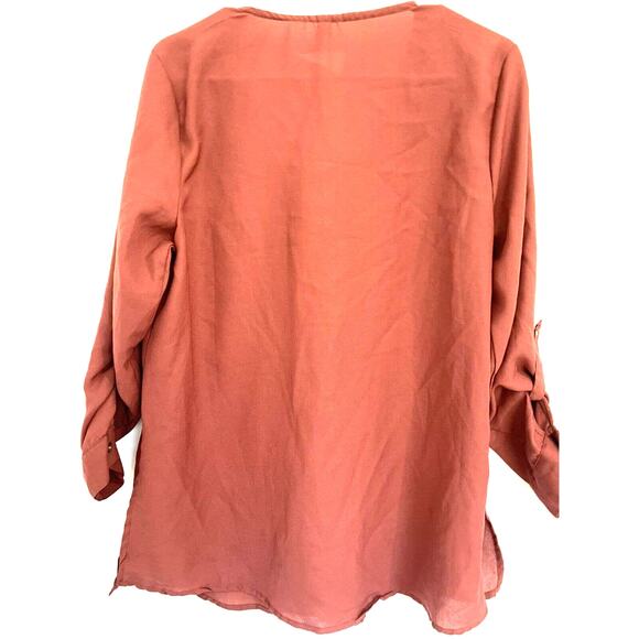 Boho Orange Pullover Top Womens Large Rust Long Tie Front Festival Henley - Picture 2 of 7